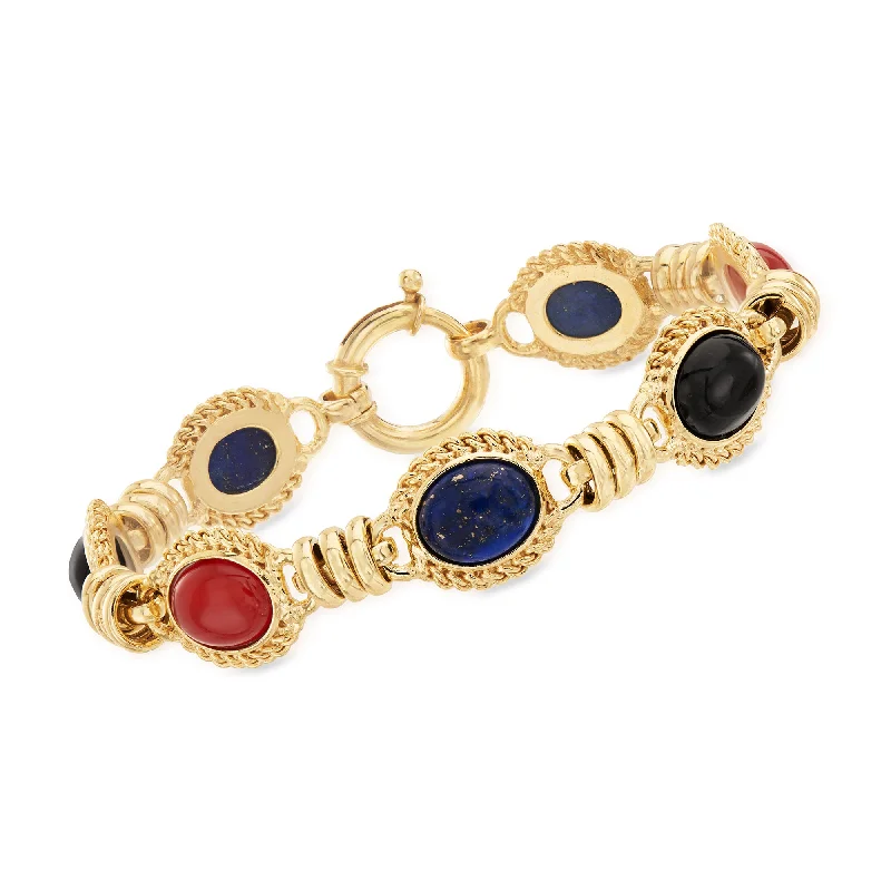 Ross-Simons Black Onyx, Lapis and Orange Agate Station Bracelet in 18kt Gold Over Sterling