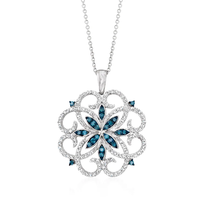 Ross-Simons Blue and White Diamond Scrolling Medallion Pendant Necklace in Sterling Silver