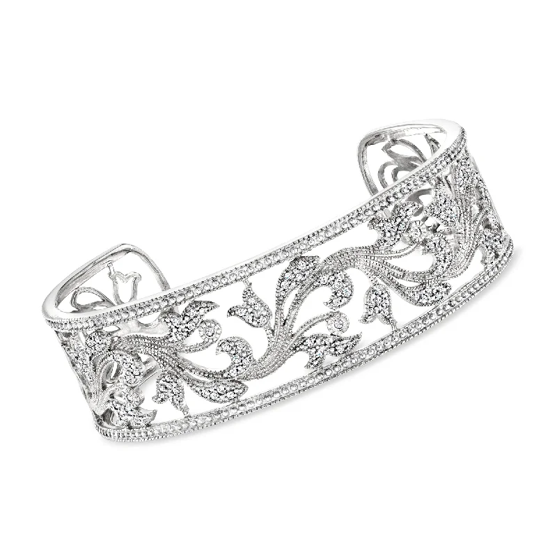 Ross-Simons Diamond Floral Filigree Cuff Bracelet in Sterling Silver