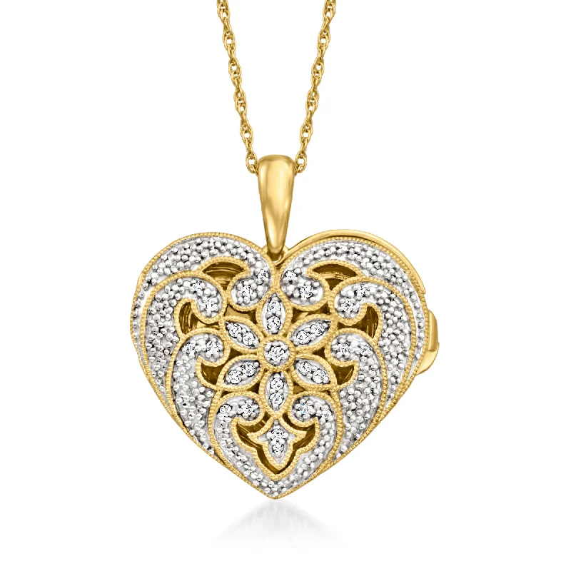 Ross-Simons Diamond Milgrain Heart Locket Necklace in 18kt Gold Over Sterling