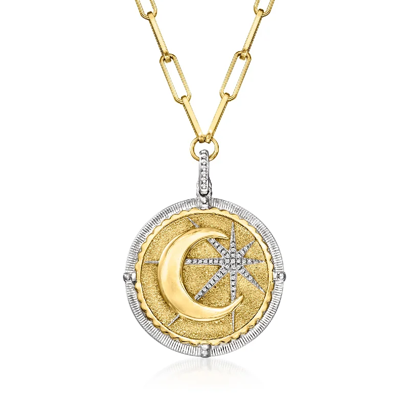 Ross-Simons Diamond Moon and Star Pendant Necklace in 2-Tone Sterling Silver