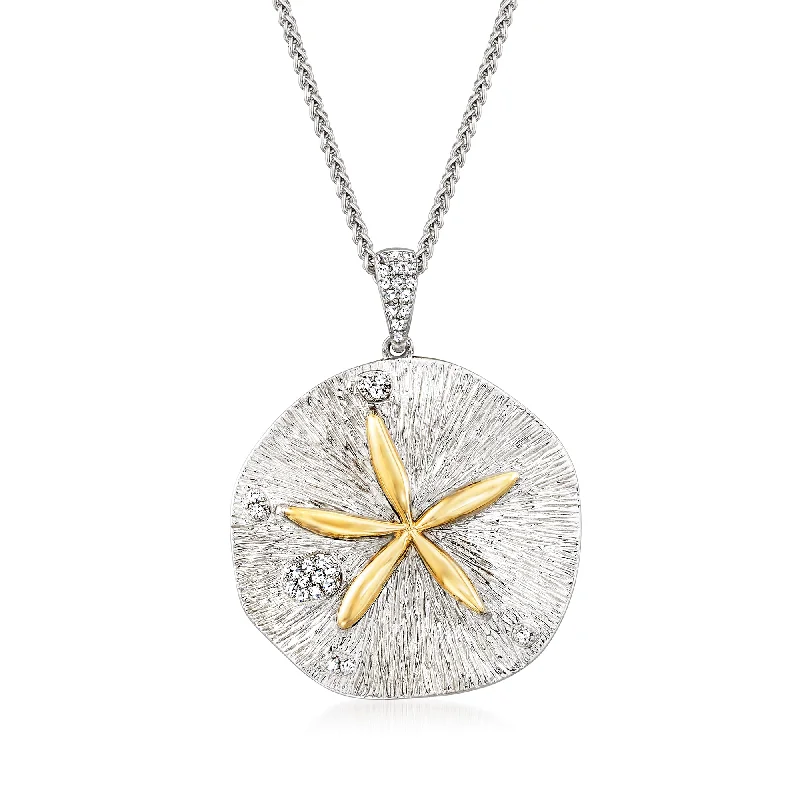 Ross-Simons Diamond Sand Dollar Necklace in Sterling Silver and 14kt Yellow Gold