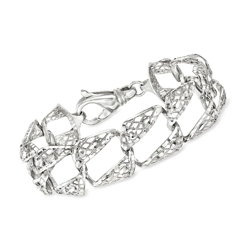 Ross-Simons Italian Sterling Silver Textured and Polished Openwork Square-Link Bracelet