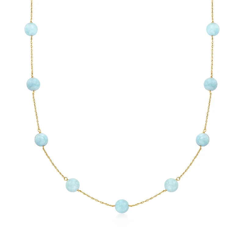 Ross-Simons Milky Aquamarine Bead Station Necklace in 14kt Yellow Gold