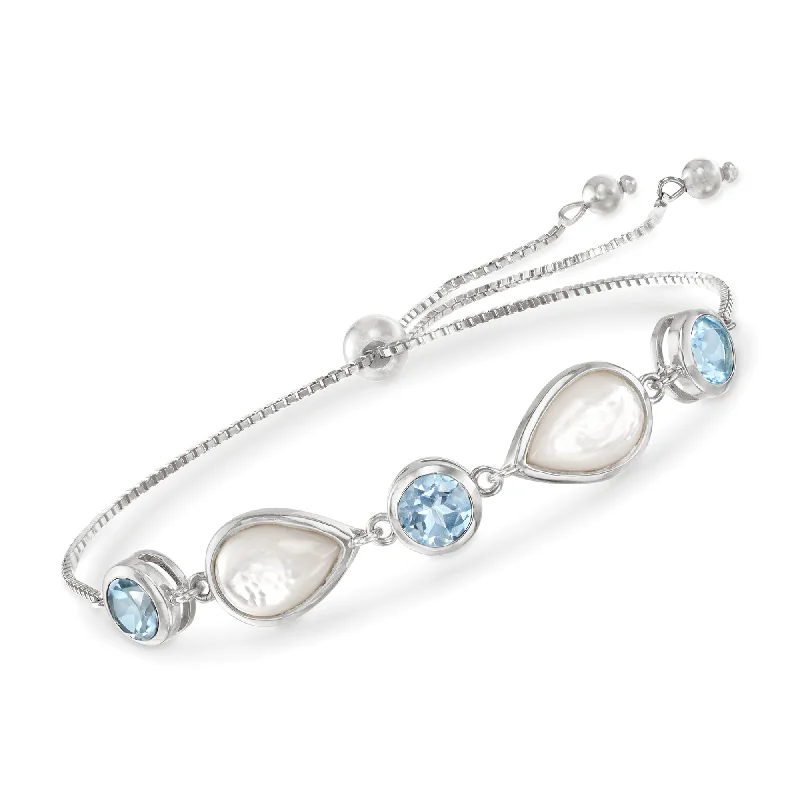 Ross-Simons Mother-Of-Pearl and Blue Topaz Bolo Bracelet in Sterling Silver