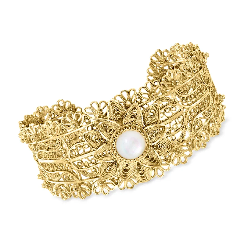 Ross-Simons Mother-Of-Pearl Floral Vintage-Style Cuff Bracelet in 18kt Gold Over Sterling. 7 inches