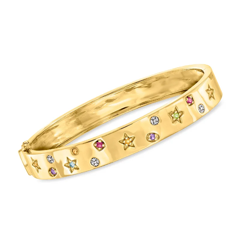 Ross-Simons Multi-Gemstone Star Bangle Bracelet With Diamond Accents in 18kt Gold Over Sterling