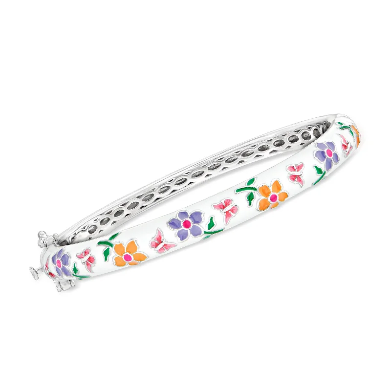 Ross-Simons Multicolored Enamel Flower Bangle Bracelet in Sterling Silver