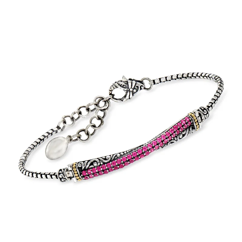 Ross-Simons Pink Topaz Bali-Style Id Bracelet in Sterling Silver With 18kt Yellow Gold