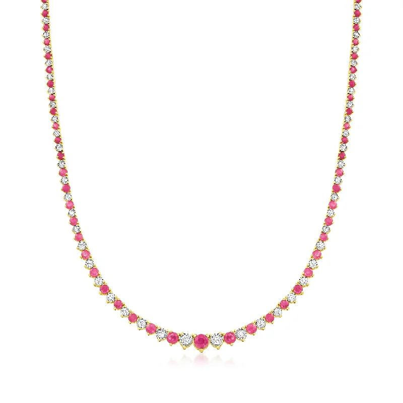 Ross-Simons Ruby and Diamond Tennis Necklace in 18kt Gold Over Sterling