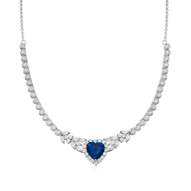 Ross-Simons Simulated Sapphire and CZ Heart Necklace in Sterling Silver