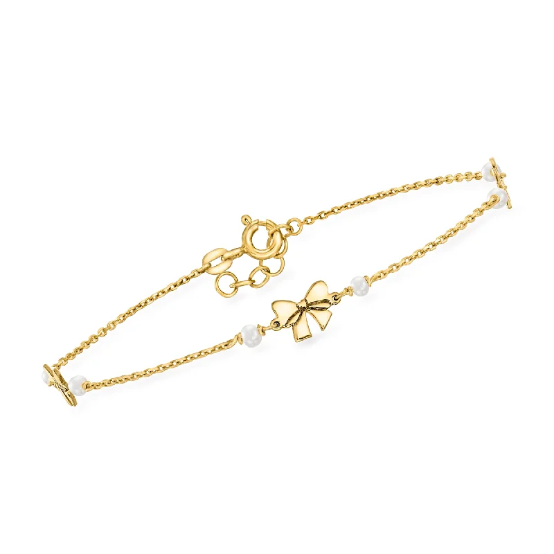 RS Pure by Ross-Simons Italian 2-2.5mm Cultured Pearl and 14kt Yellow Gold Bow Station Bracelet