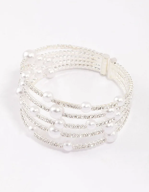 Silver Diamante & Pearl Decorative Wrist Cuff