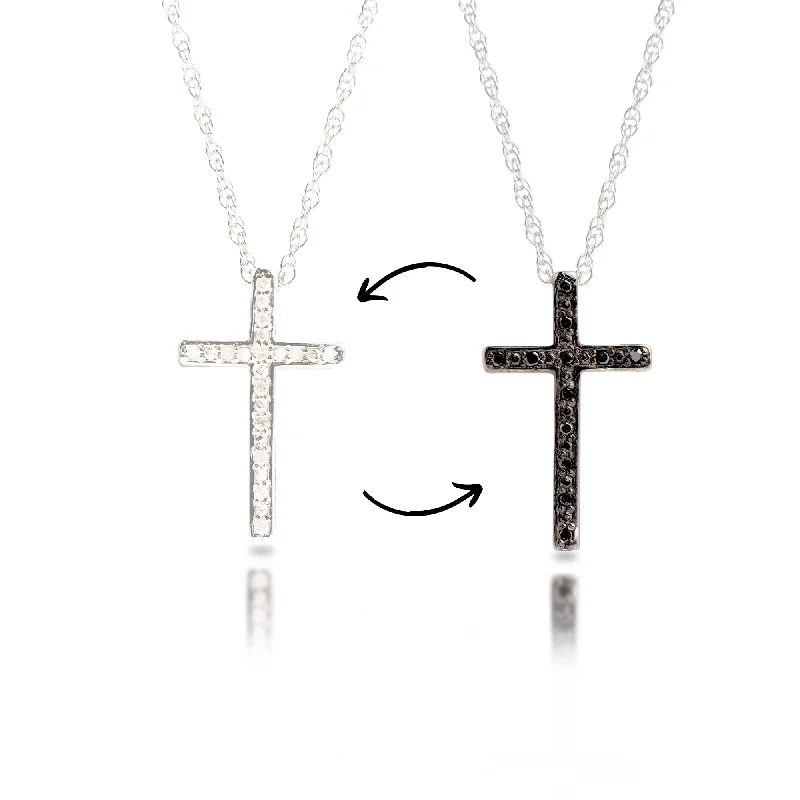 Sterling Silver Diamond Reversible White & Black Diamond Cross Necklace with Adjustable 18” or 20” Rope Chain