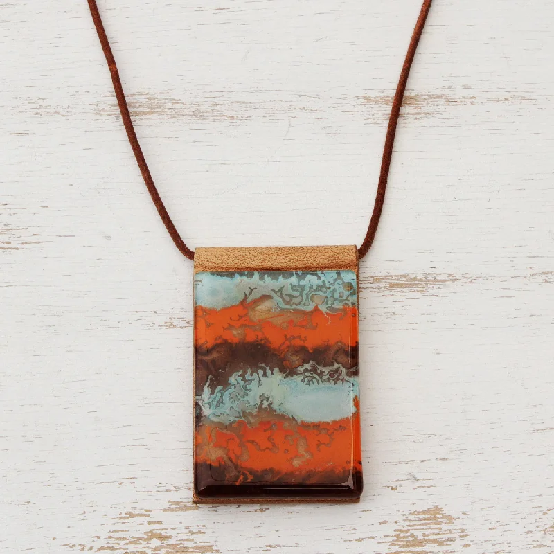 Waves of Fire Glass & Leather Pendant Necklace