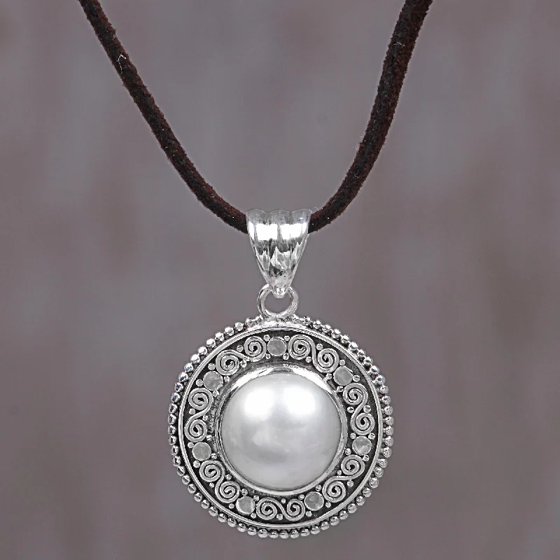 White Orb Silver Pearl Leather Necklace