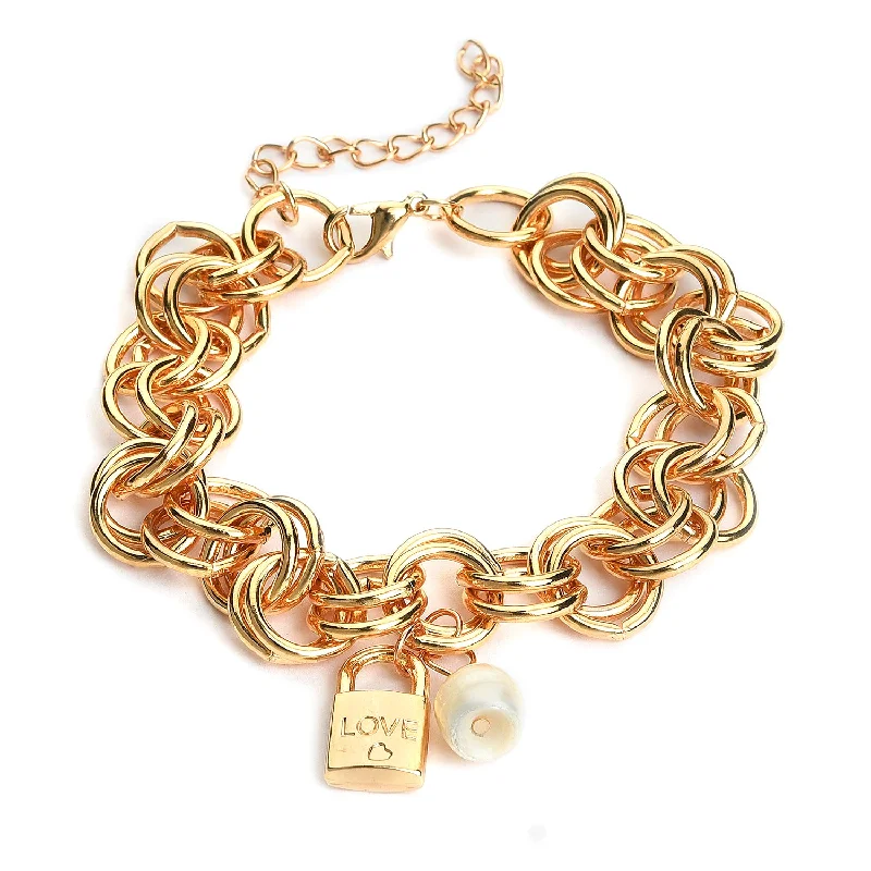 Women Gold-plated  White Brass Pearls Link Bracelet