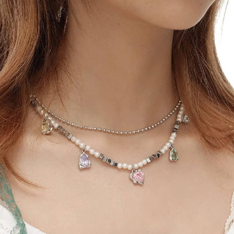 Women's Grunge Colorful Zircon Pearl Necklace