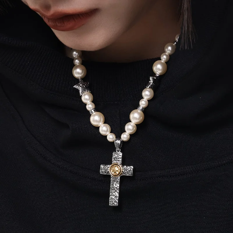 Women's Punk Cross Pearl Necklace