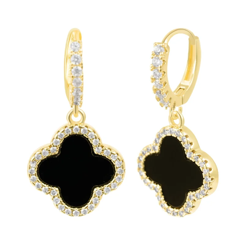 14k Gold Plated Crystal Halo Black Clover Dangle Huggie Earrings