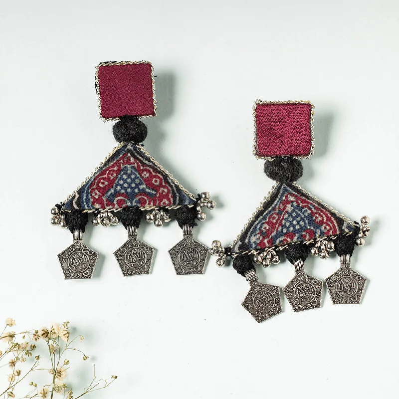 Handcrafted Ajrakh Print Beadwork Earrings