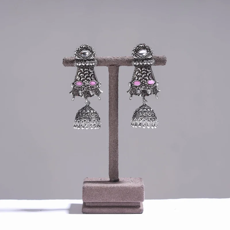 Antique Silver Finish Oxidised Brass Base Stone Work Jhumki Earrings