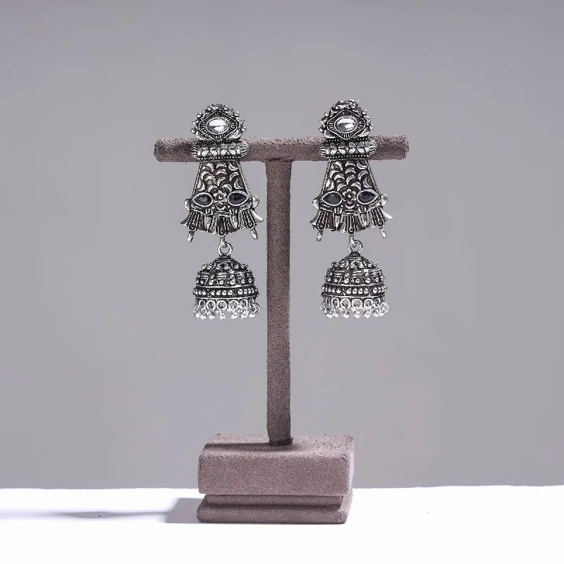 Antique Silver Finish Oxidised Brass Base Stone Work Jhumki Earrings