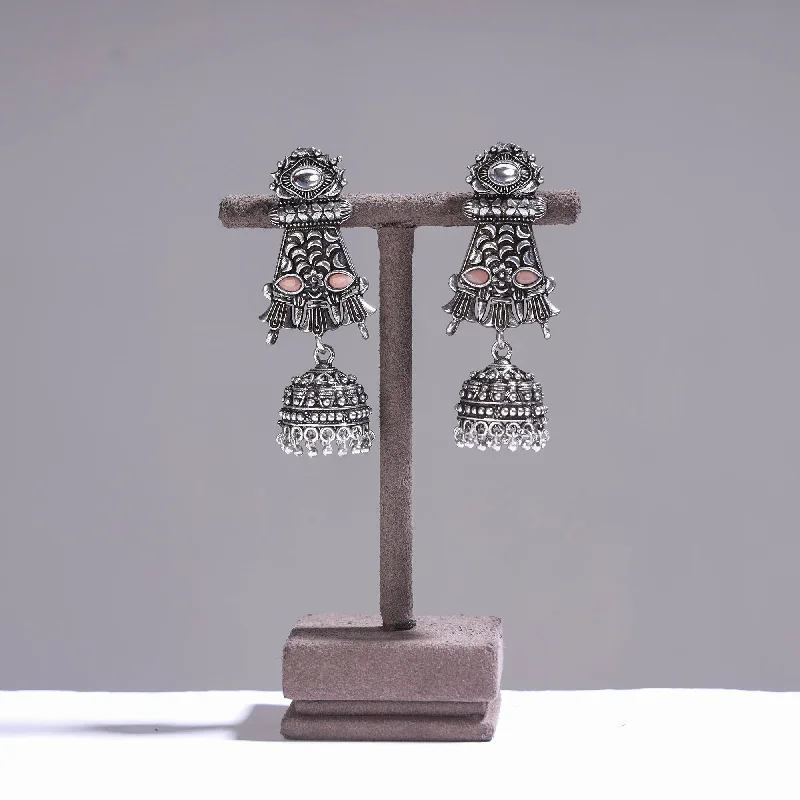 Antique Silver Finish Oxidised Brass Base Stone Work Jhumki Earrings