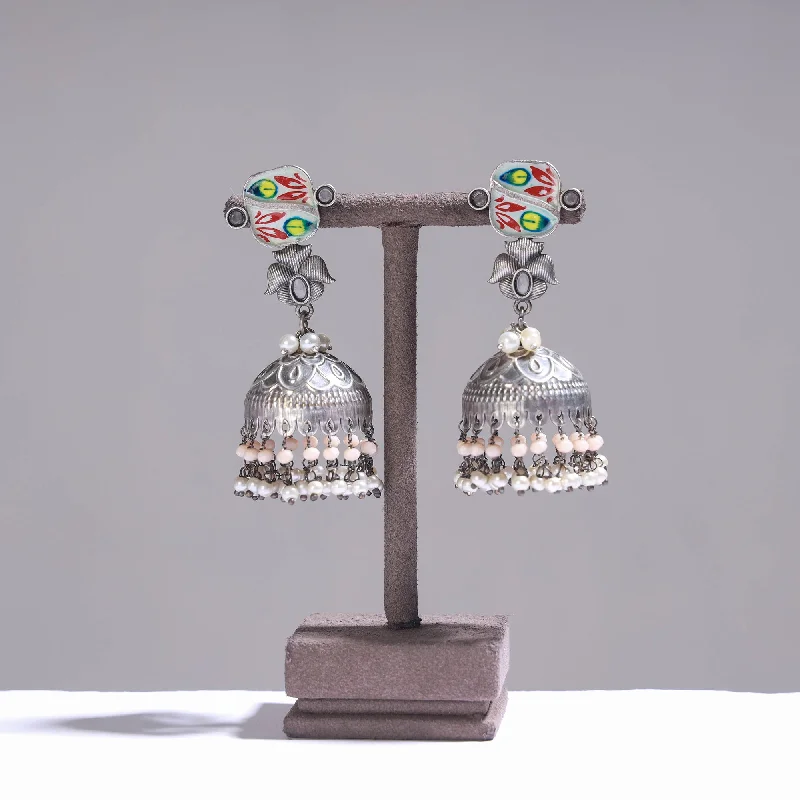 Antique Silver Finish Oxidised Brass Base Enamel Work Earrings