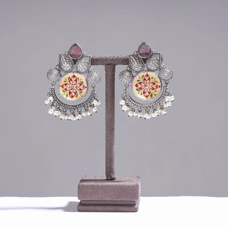 Antique Silver Finish Oxidised Brass Base Enamel & Stone Work Earrings