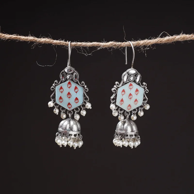 Antique Silver Finish Oxidised Brass Base Enamel Work Earrings