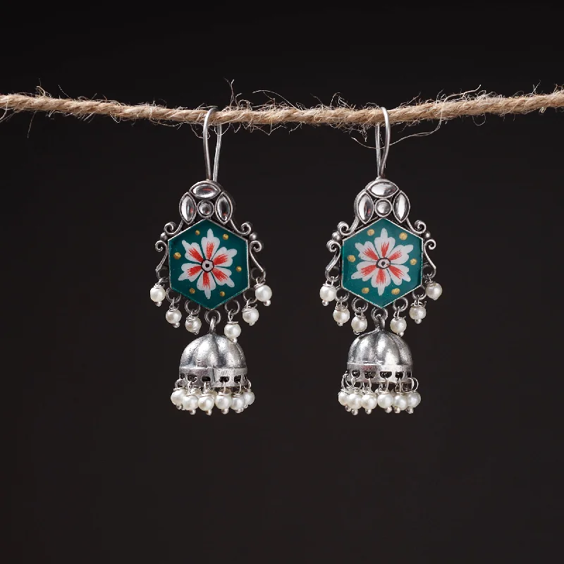 Antique Silver Finish Oxidised Brass Base Enamel Work Jhumki Earrings