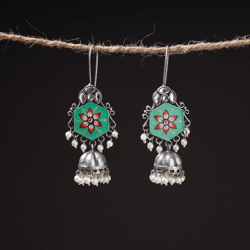 Antique Silver Finish Oxidised Brass Base Enamel Work Jhumki Earrings