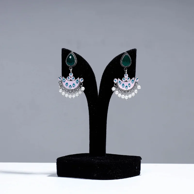 Antique Silver Finish Oxidised Brass Base Enamel & Stone Work Earrings