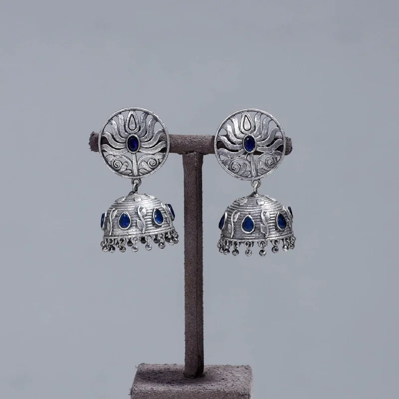 Antique Silver Finish Oxidised Brass Base Stone Work Jhumki Earrings