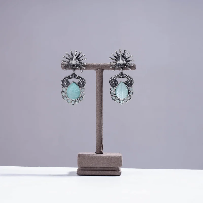 Antique Silver Finish Oxidised Brass Base Stone Work Earrings