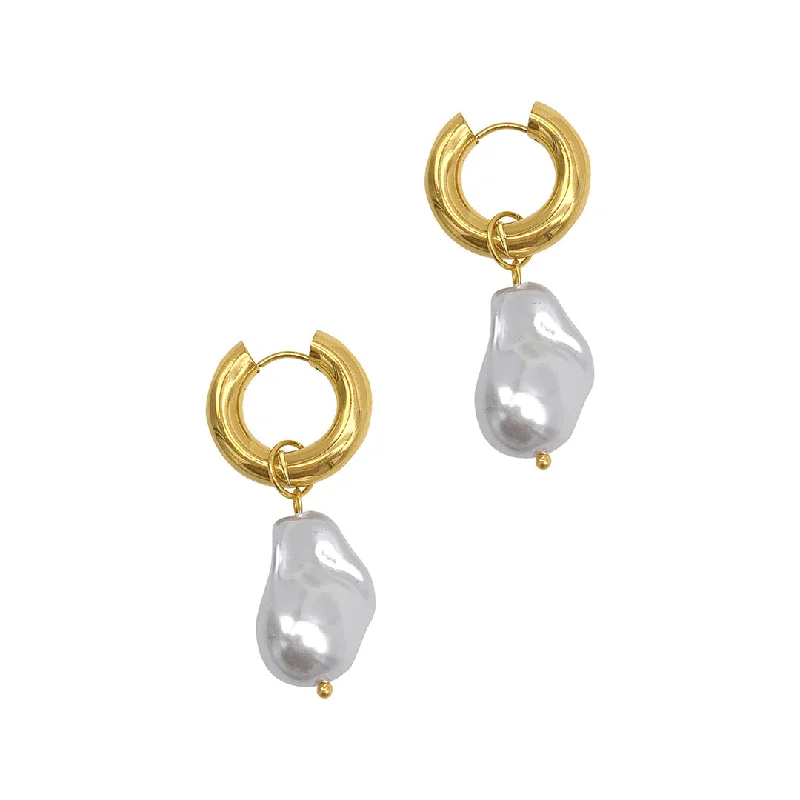 Adornia Shell Pearl Chubby Hoop Earrings gold