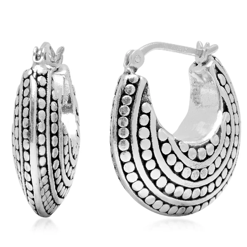 Sterling Silver Balinese Inspired Click Top Round Hoop Earrings (0.85 inches)