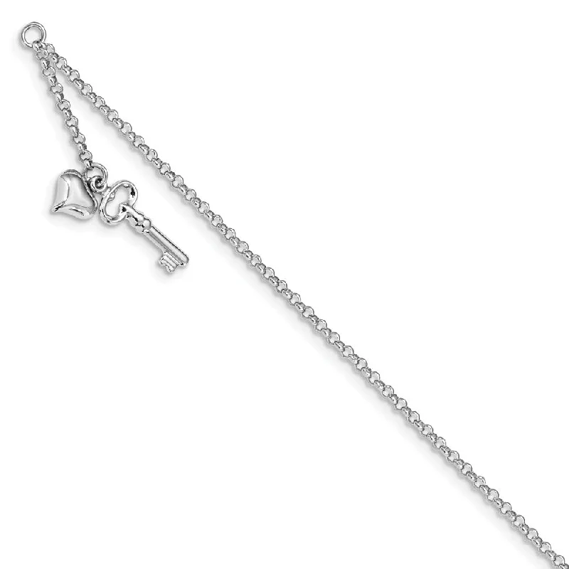 14k White Gold Puffed Heart And Key Dangle Anklet, 10 Inch