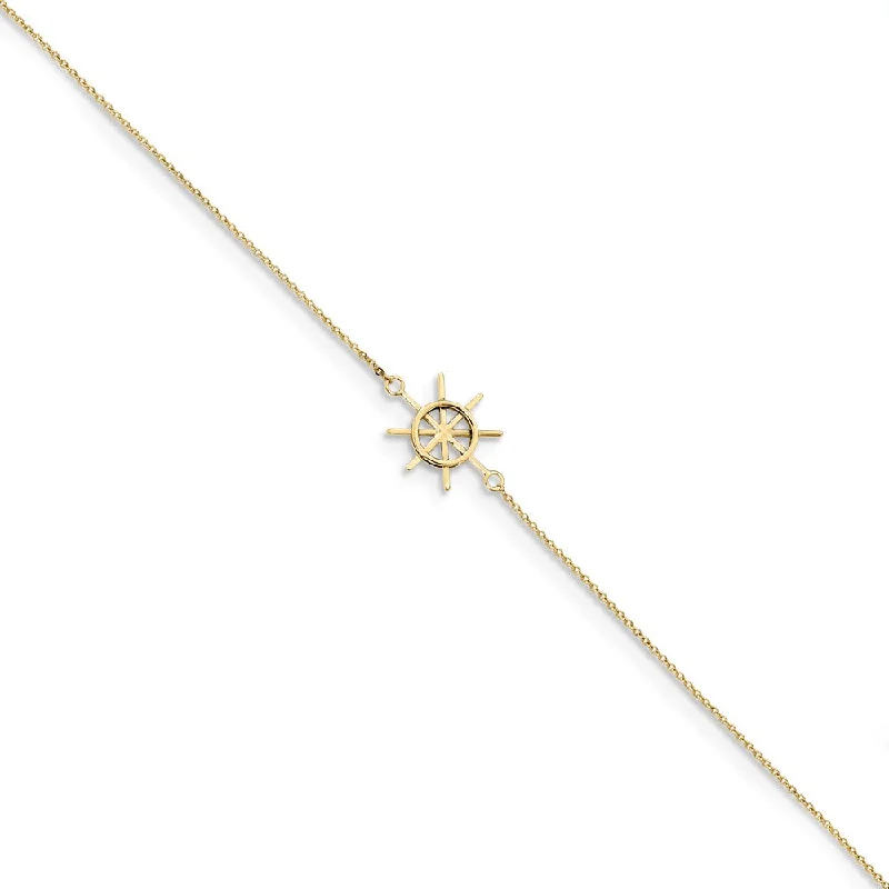 14k Yellow Gold Captains Wheel and Cable Chain Anklet, 9-10 Inch