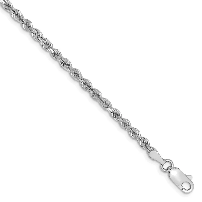 2.75mm, 14k White Gold, Diamond Cut Solid Rope Chain Anklet, 9 Inch