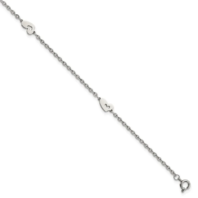 Asymmetrical Heart Anklet in Stainless Steel, 9-10 Inch