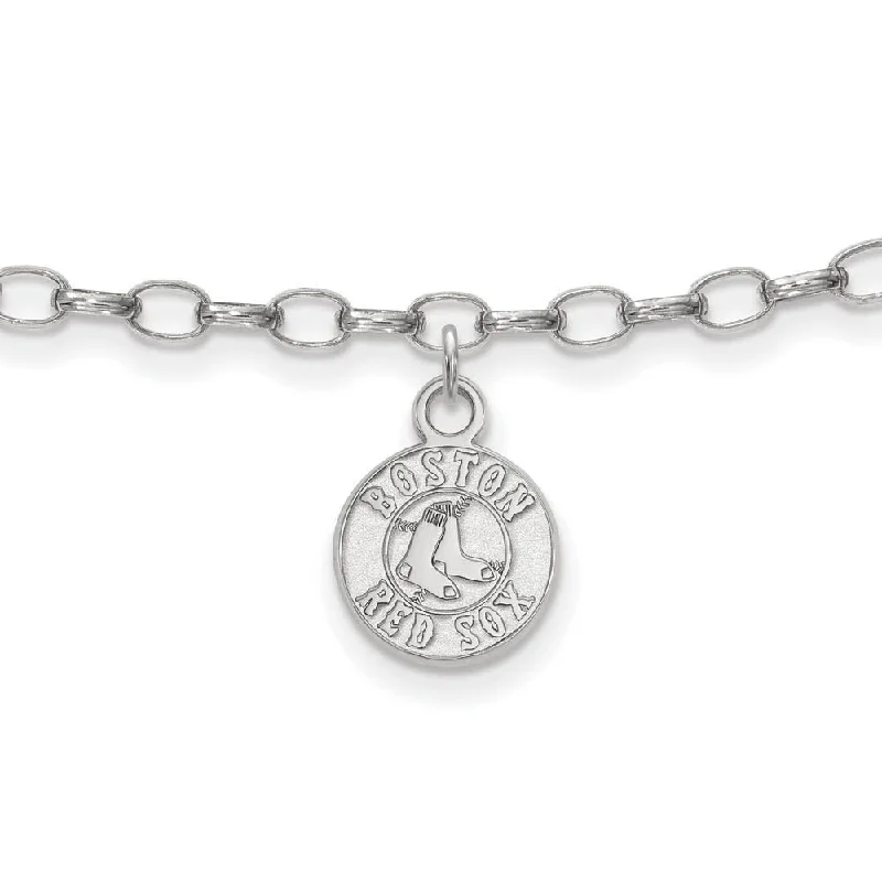 MLB Sterling Silver Rhodium Plated Boston Red Sox Anklet, 9 Inch