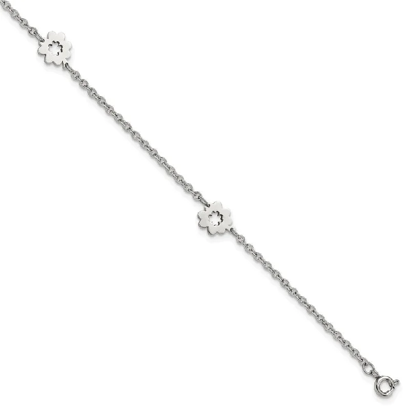 Polished Stainless Steel Flower Anklet, 9-10 Inch