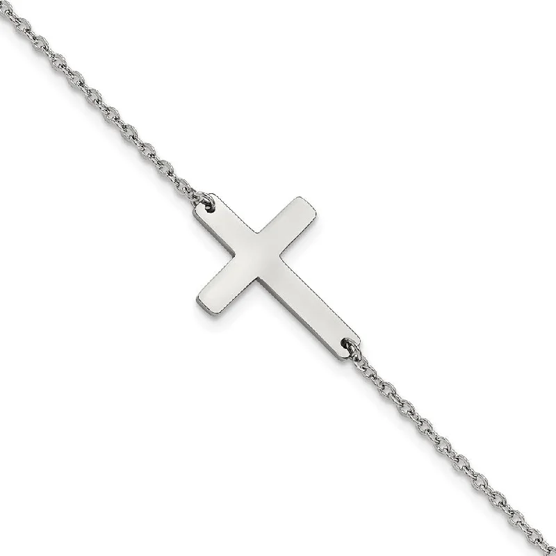 Polished Stainless Steel Sideways Cross Anklet, 10 Inch