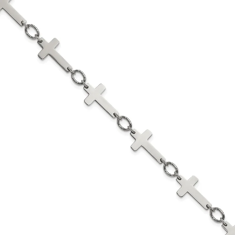 Polished Stainless Steel Sideways Cross Link Anklet, 10 Inch