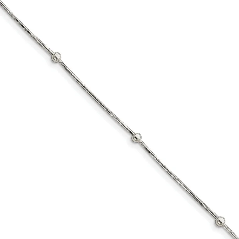 Sterling Silver 1.5mm Snake And 3mm Bead Anklet, 9-10.5 Inch