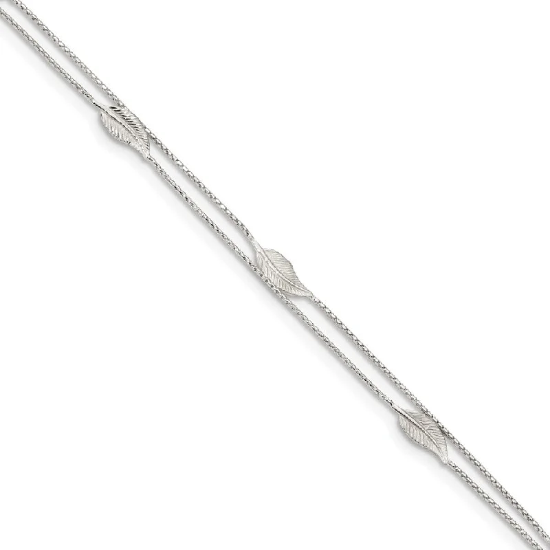 Sterling Silver 2 Strand Feather Adjustable Anklet, 9-10 Inch