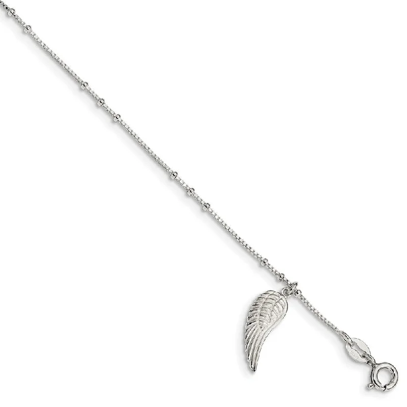 Sterling Silver 20mm Wing Dangle 1mm Box Chain Anklet, 9-10 Inch