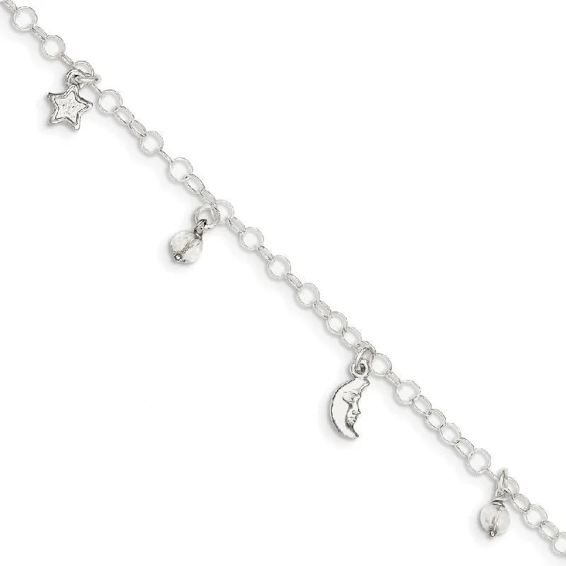 Sterling Silver 4mm Cable And Crystal Celestial Charm Anklet, 9-10 In